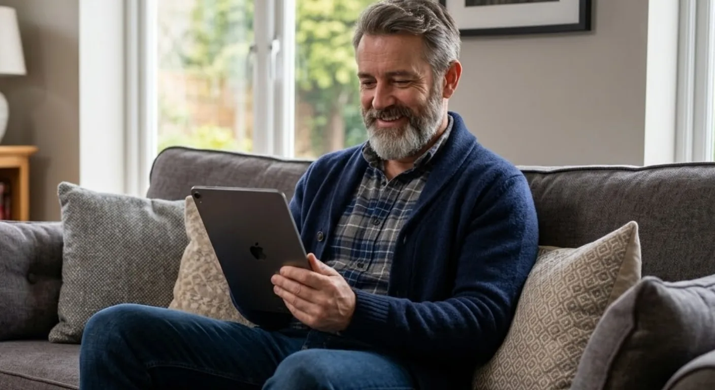 Cliente sul divano consulta lo stato del suo impianto dal tablet