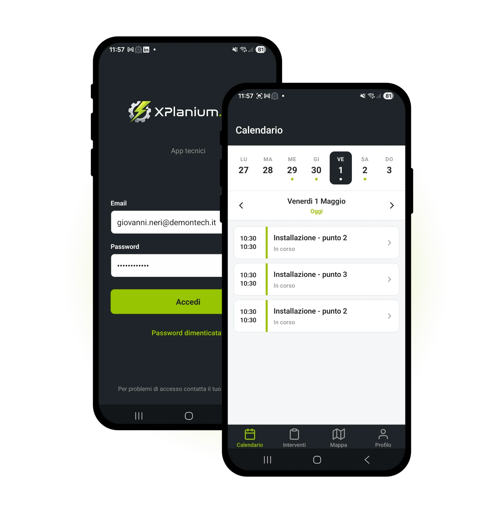 Schermata dell'app mobile XPlanium per i tecnici, che mostra il calendario degli interventi, le schede cliente, la checklist delle attività da svolgere, la raccolta foto e la firma del cliente sul posto. App nativa Android. Screenshot reale della piattaforma in arrivo.