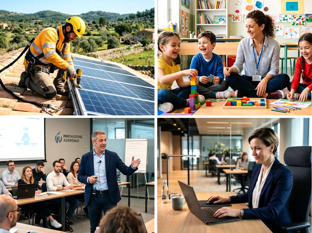 Quattro contesti di lavoro gestiti con XPlanium: un tecnico su un impianto fotovoltaico, un'educatrice con dei bambini in aula, un formatore durante un corso aziendale e una responsabile che pianifica il lavoro dall'ufficio