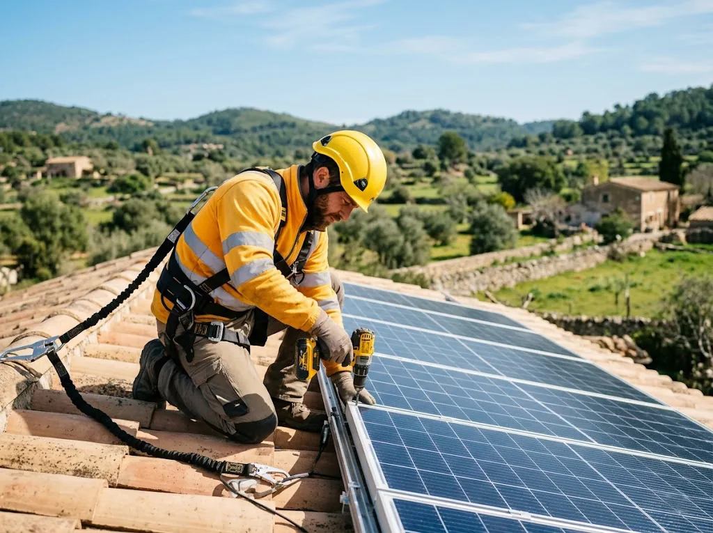Tecnico installa un impianto fotovoltaico su tetto in campagna